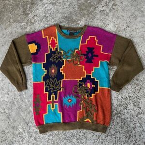 VTG I.B. Diffusion Southwestern Geometric Ramie Cotton Chunky Knit Sweater Large